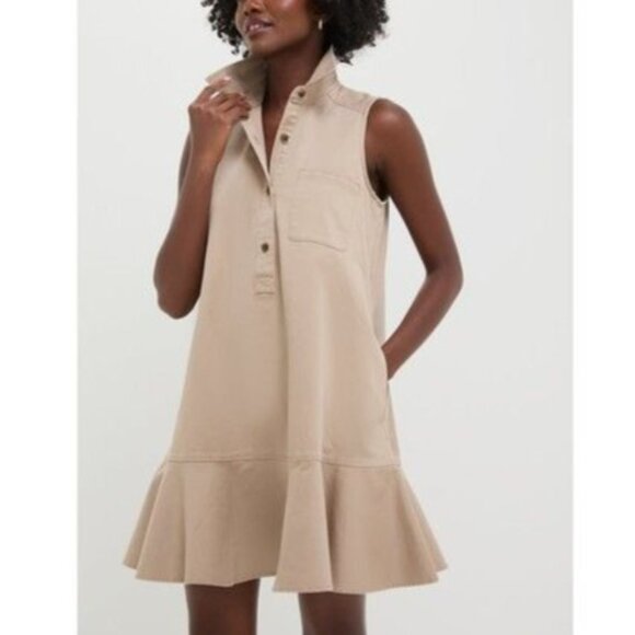 Tuckernuck Dresses & Skirts - Tuckernuck Sleeveless Button-Up Callahan Dress Ruffle Hem Khaki Womens XS NEW